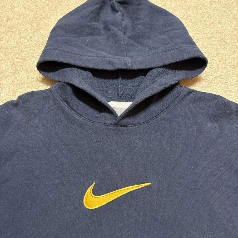 Vtg Nike Hoodie Sweatshirt Mens Large Navy Blue Faded Gold Center Swoosh Y2K 00s
